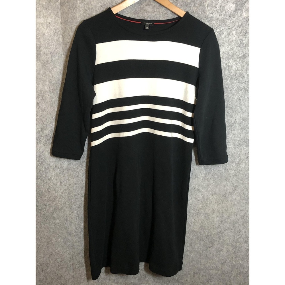 Talbots Petites Dress Womens Petite Medium Black White Knit Striped 3/4 Sleeve‎